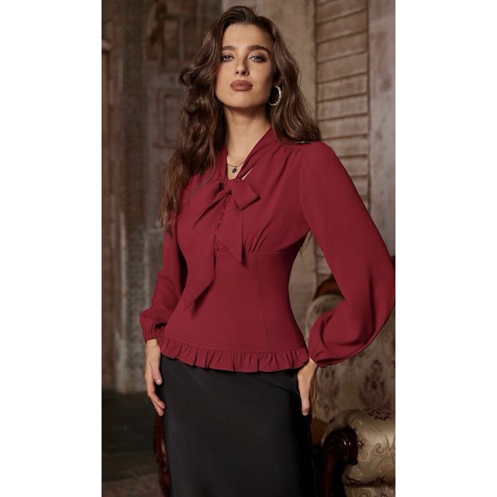 Scarlet darkness NWT Women’s Medieval Ruffle Trim Tie Neck Blouse Sz 2XL Red CC